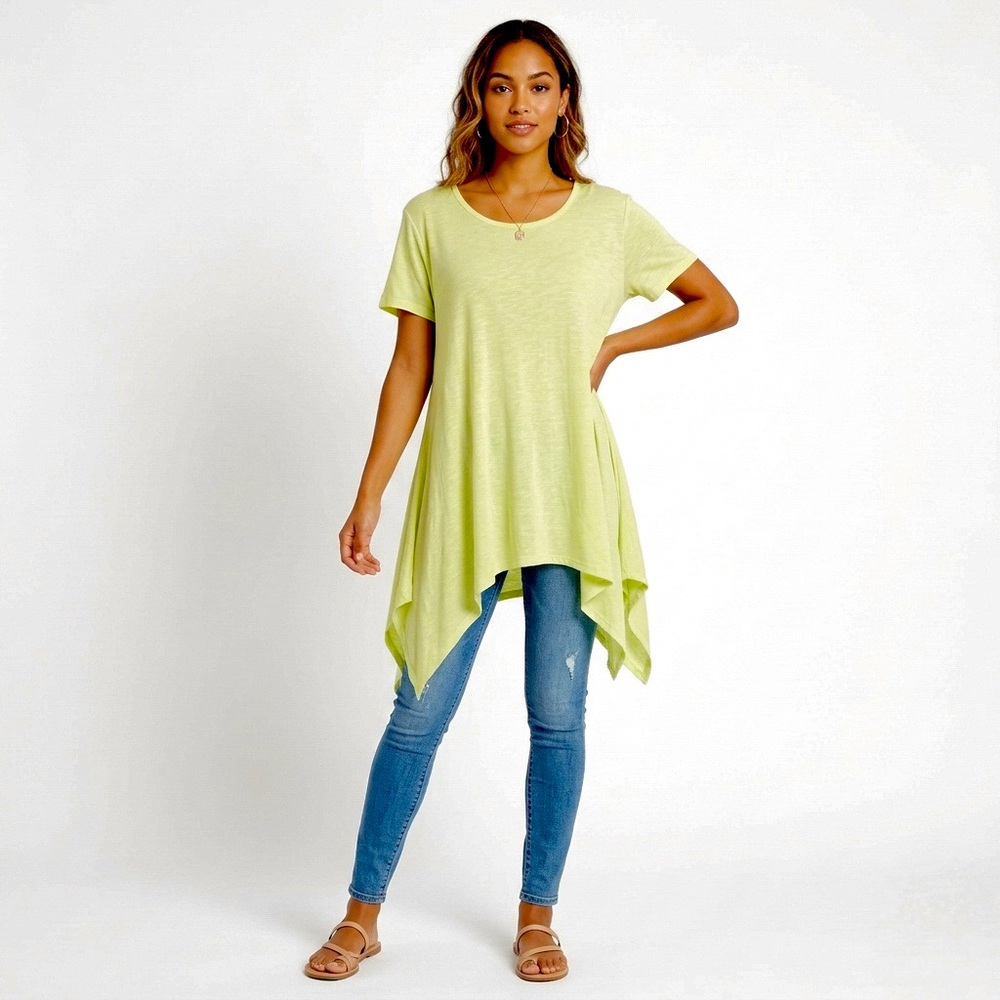 MAGAZINE Lime Yellow Hankerchief Hem Short Sleeve Tunic Top Swing Mini Dress NWT